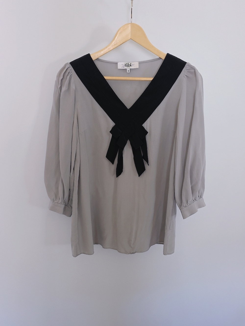 Tibi 100% Silk Grey Blouse With Black Detail